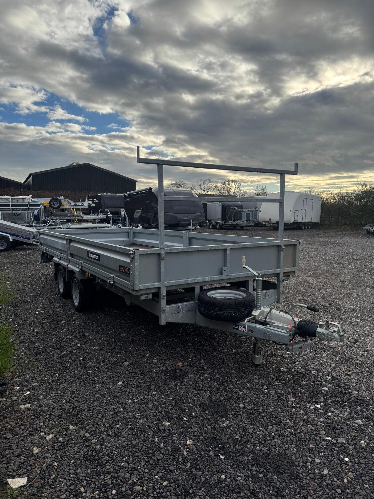 Indespension Braked 16' x 6'6" Twin Axle Flatbed Trailer Drop Side Ladder Rack Ramps