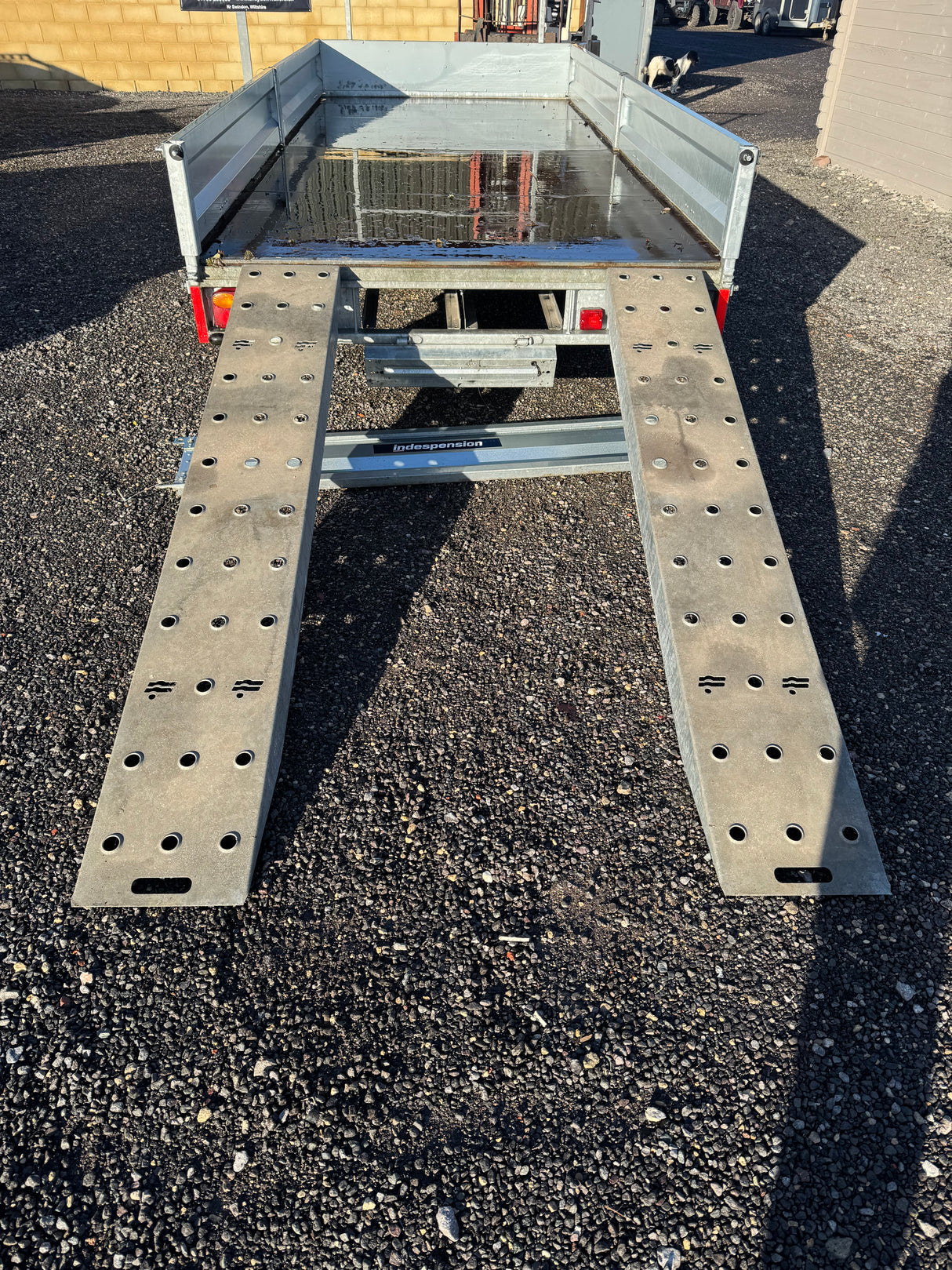 Indespension Braked 16' x 6'6" Twin Axle Flatbed Trailer Drop Side Ladder Rack Ramps