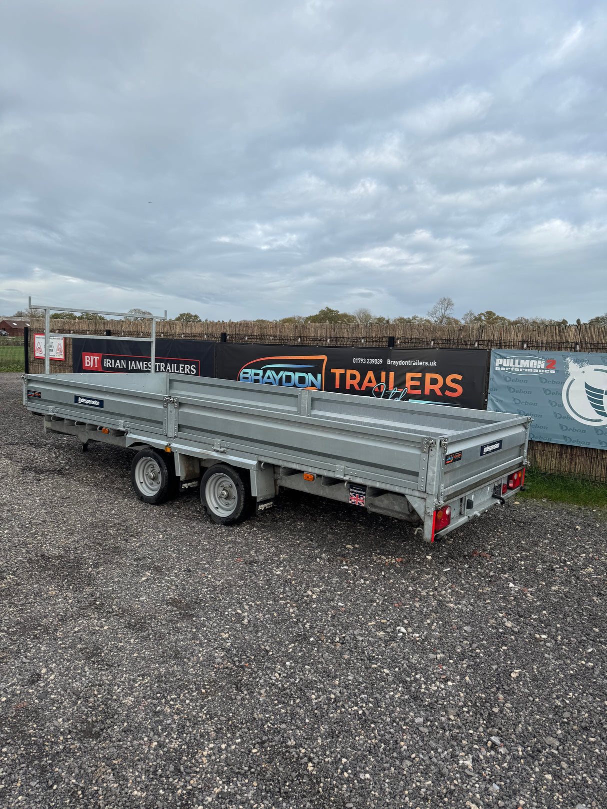 Indespension Braked 16' x 6'6" Twin Axle Flatbed Trailer Drop Side Ladder Rack Ramps