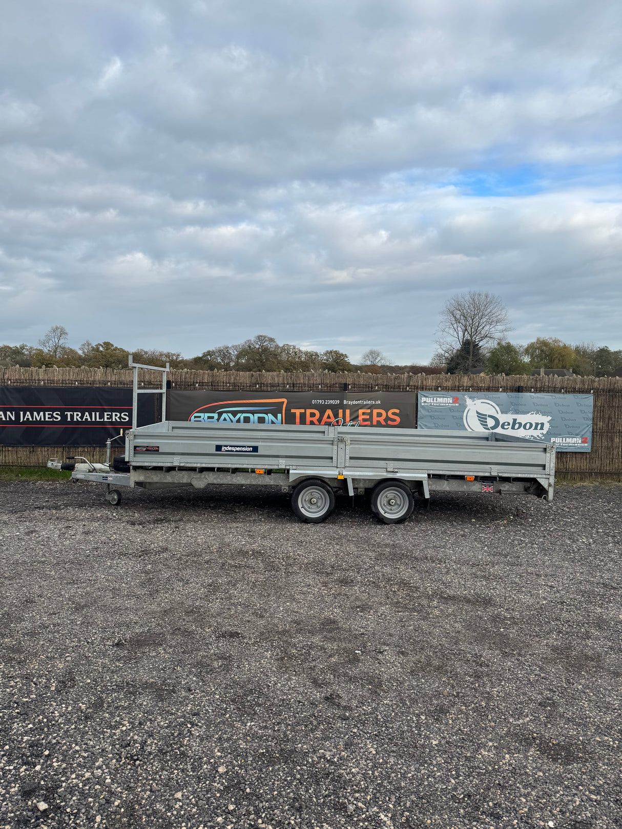 Indespension Braked 16' x 6'6" Twin Axle Flatbed Trailer Drop Side Ladder Rack Ramps