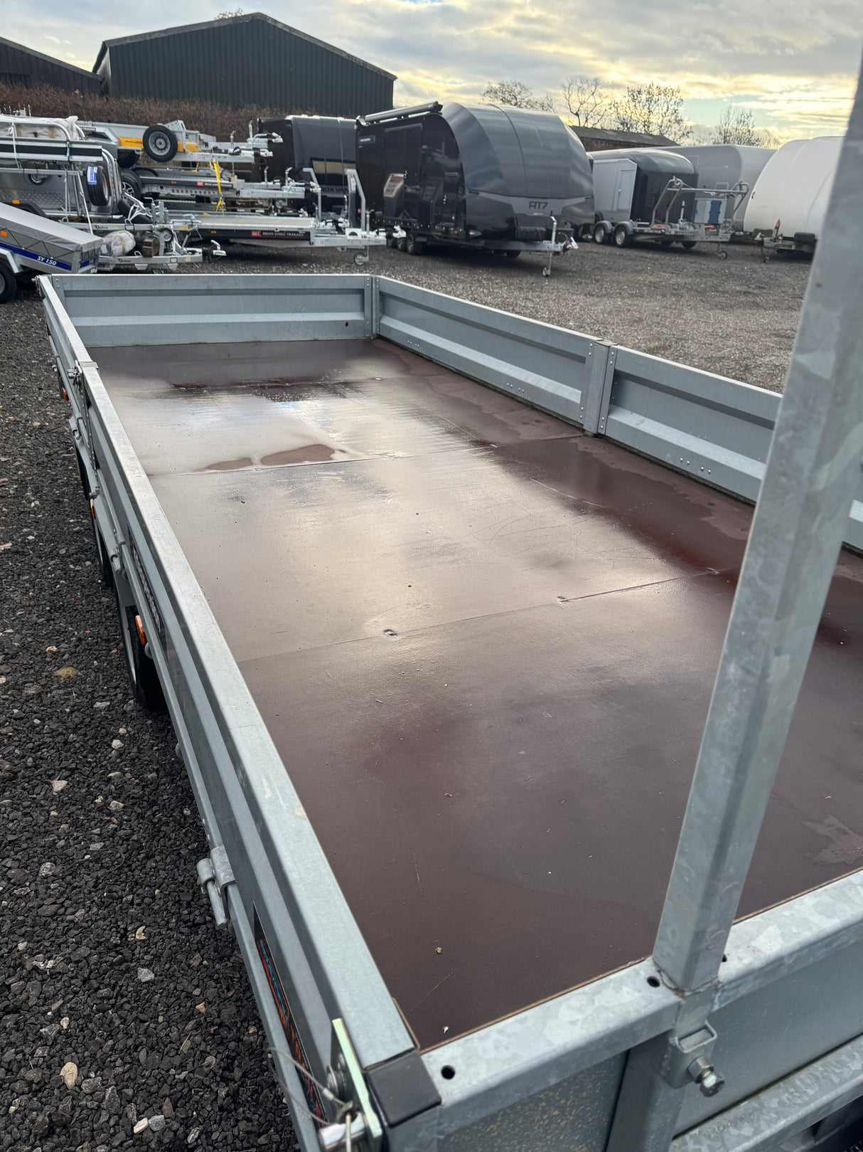 Indespension Braked 16' x 6'6" Twin Axle Flatbed Trailer Drop Side Ladder Rack Ramps