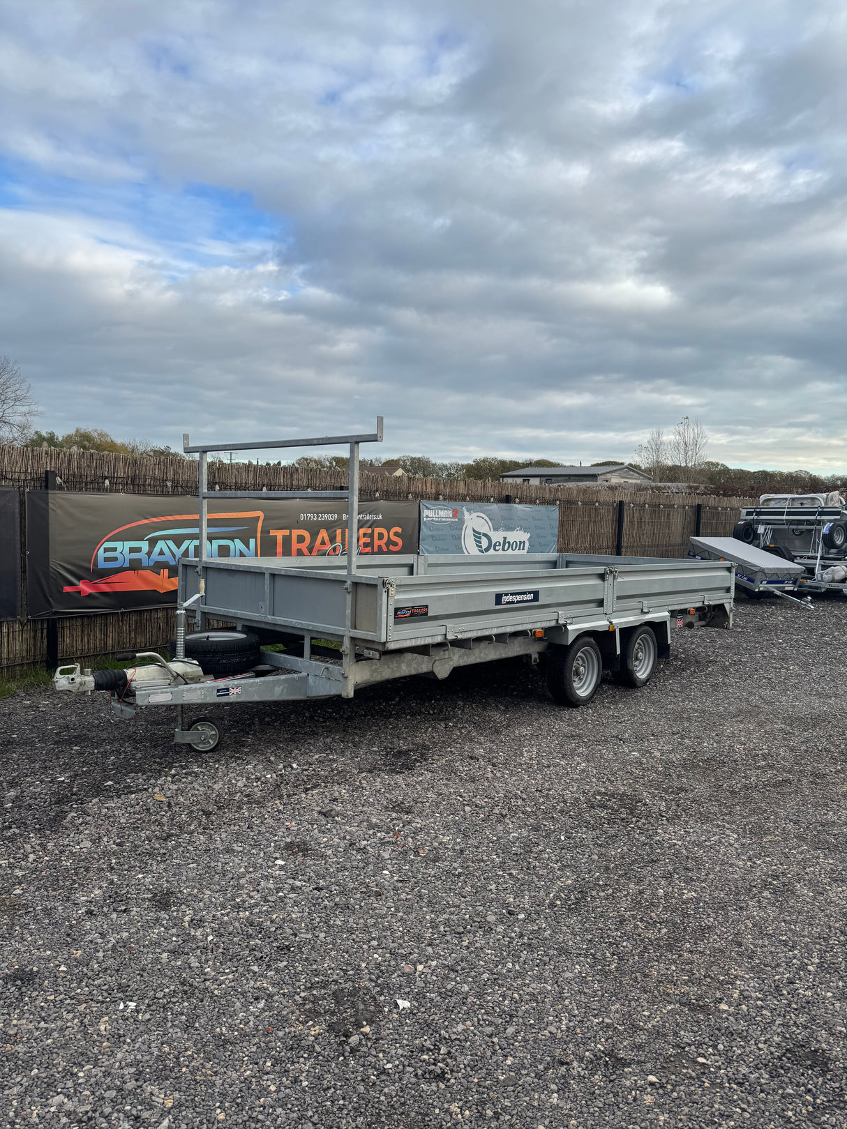 Indespension Braked 16' x 6'6" Twin Axle Flatbed Trailer Drop Side Ladder Rack Ramps