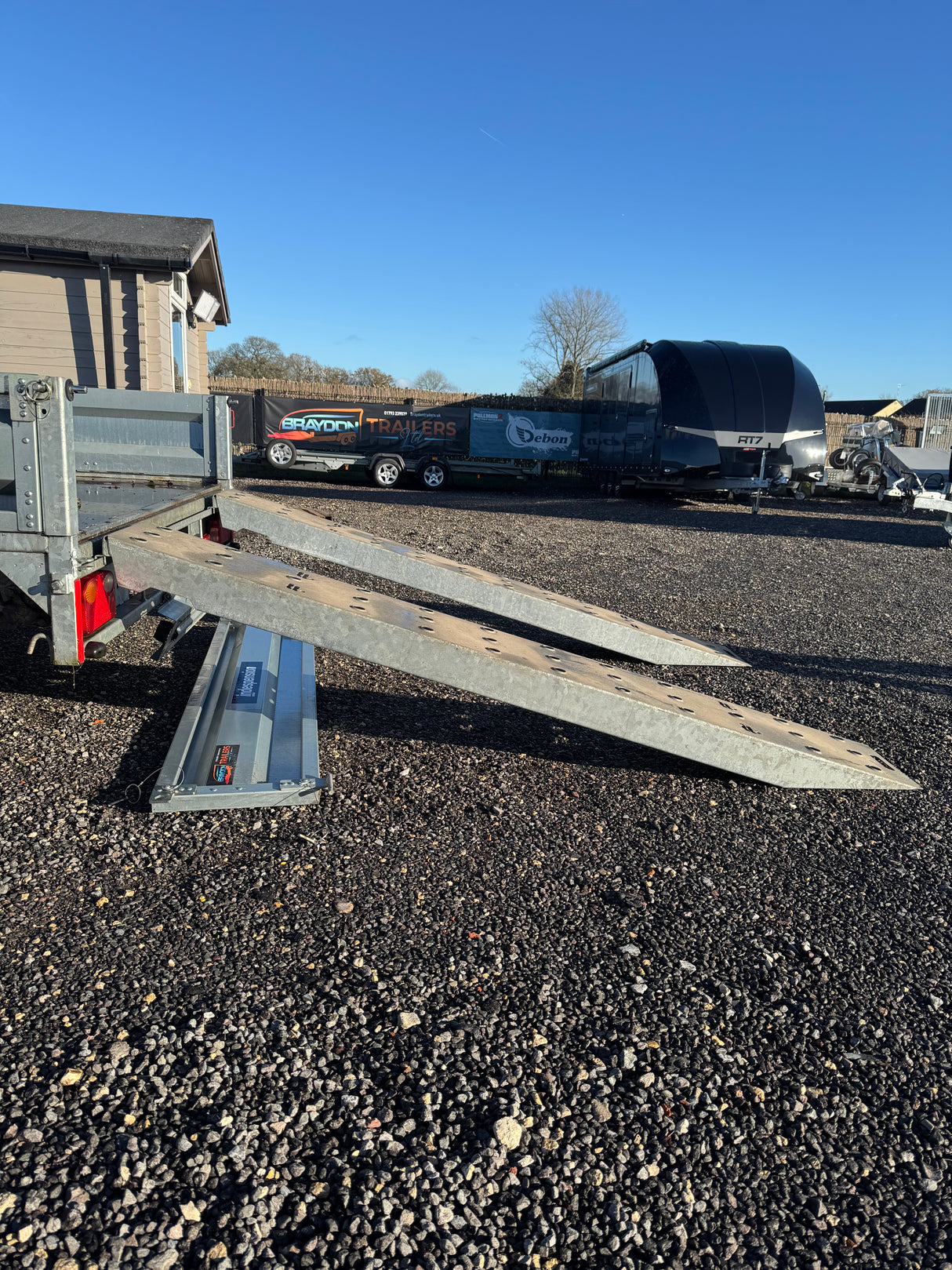 Indespension Braked 16' x 6'6" Twin Axle Flatbed Trailer Drop Side Ladder Rack Ramps